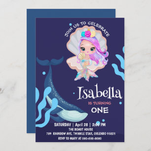 Invitación Cute Mermaid perla Arcoiris ballena Fiesta de cump