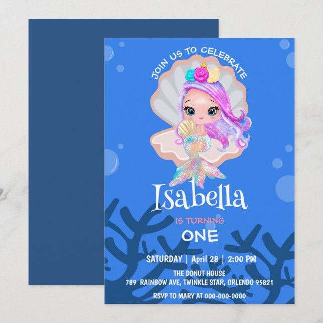 Invitación Cute Mermaid perla Arcoiris ballena Fiesta de cump (Anverso / Reverso)