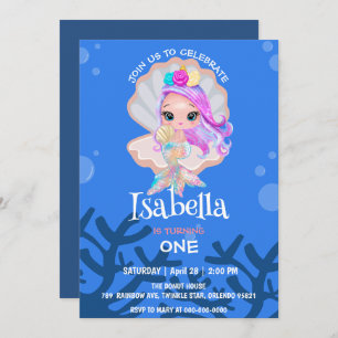Invitación Cute Mermaid perla Arcoiris ballena Fiesta de cump