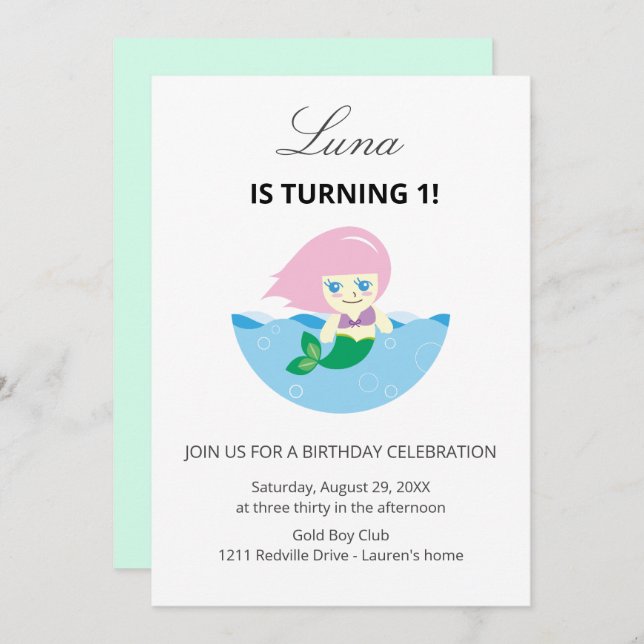Invitación Cute Mermaid Queen Under the sea 1st Birthday  (Anverso / Reverso)