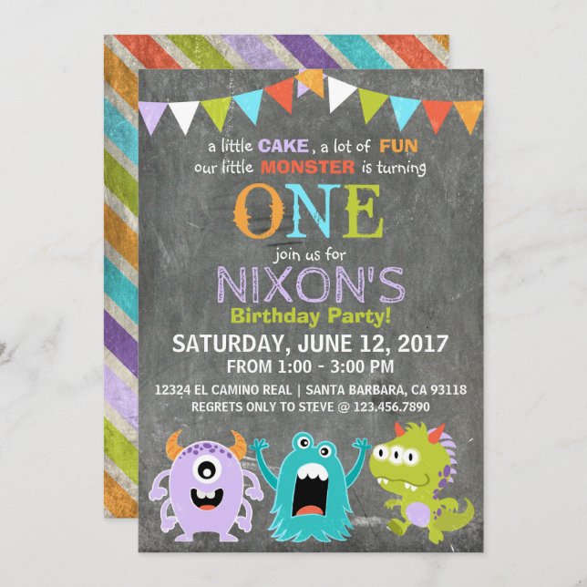 Invitación Cute miedo de los pequeños monstruos Cumpleaños (Anverso / Reverso)
