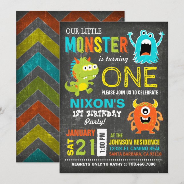 Invitación Cute miedo de los pequeños monstruos Cumpleaños (Anverso / Reverso)