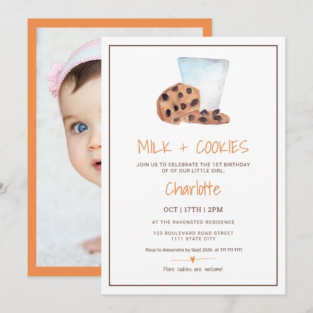 Invitación Cute Milk Cookies acuarela foto Primer cumpleaños (Anverso / Reverso)