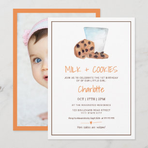 Invitación Cute Milk Cookies acuarela foto Primer cumpleaños