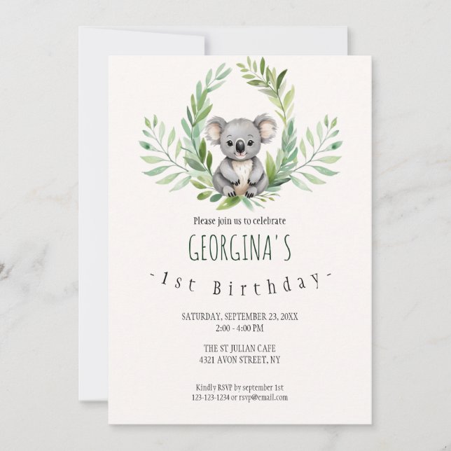 Invitación Cute Minimal Koala Bear Cumpleaños (Anverso)