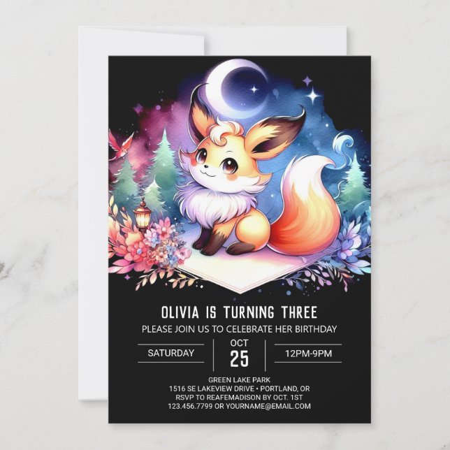 Invitación Cute Minimalista Fox Birthday digital (Anverso)