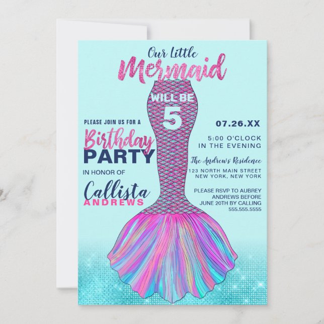 Invitación Cute Mint Blue Pink Mermaid Tail Purpurina Cumplea (Anverso)