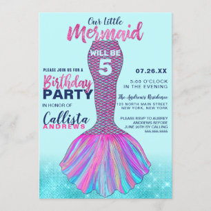 Invitación Cute Mint Blue Pink Mermaid Tail Purpurina Cumplea