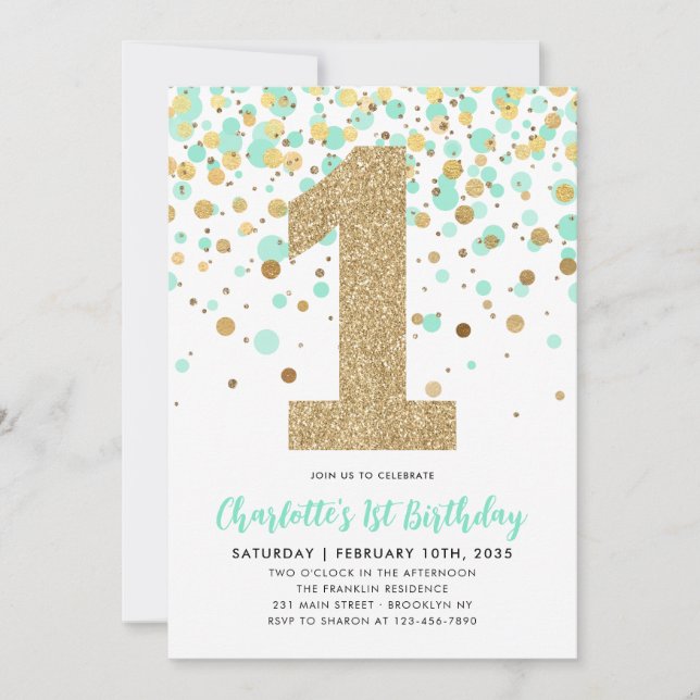 Invitación Cute Mint Green Gold Purpurina Confetti Primer cum (Anverso)