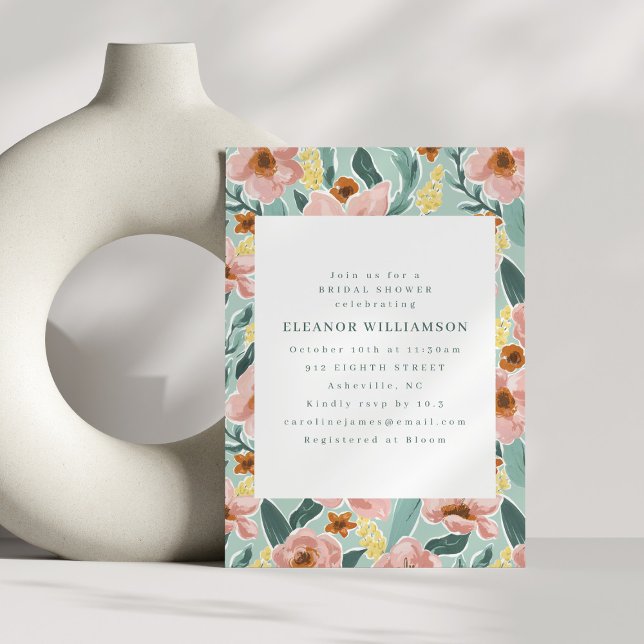 Invitación Cute Mint Sage Rubor Pink Floral Bridal Shower (Subido por el creador)