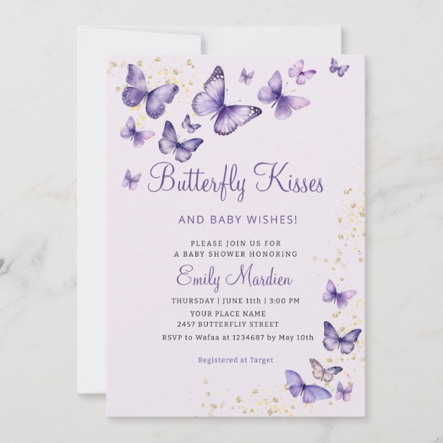 Invitación Cute Moda Morado mariposa besa Chica Baby Shower (Anverso)