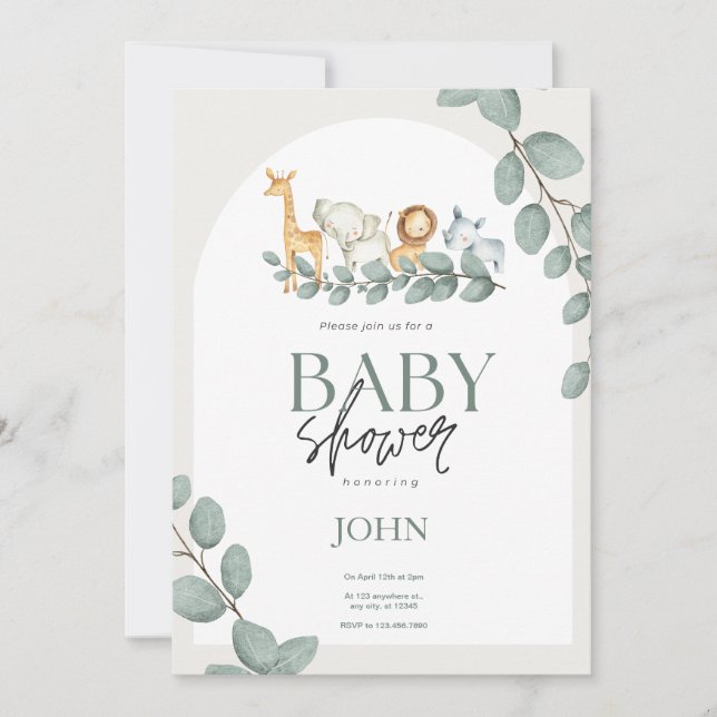Invitación Cute modern Baby animals Safari themed baby boy (Anverso)