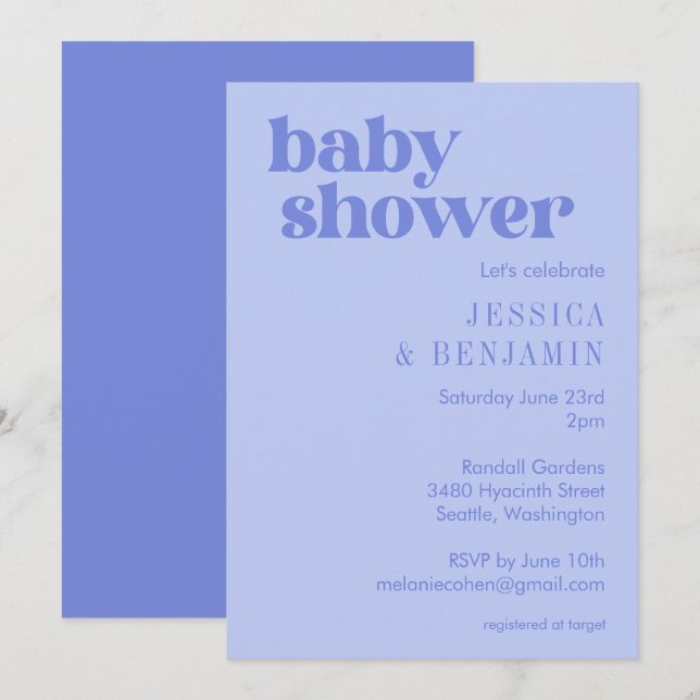 Invitación Cute Modern Periwinkle Purple Baby Shower (Anverso / Reverso)