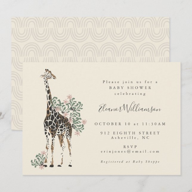 Invitación Cute moderno Floral Giraffe Simple Baby Shower (Anverso / Reverso)