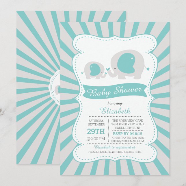Invitación Cute Mom Baby Elephant Boys Baby Shower (Anverso / Reverso)