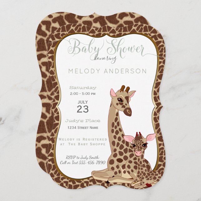 Invitación Cute Mom & Baby Giraffe Animal Tema Baby Shower (Anverso / Reverso)