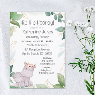 Invitación Cute Mom Baby Hippo Greeney Baby Shower