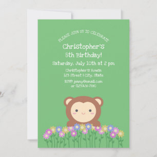 Invitación Cute Monkey and Flowers Sage Green Kids Birthday