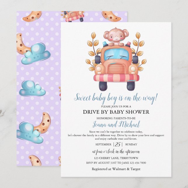 Invitación Cute Monkey Boy Baby Shower Drive Through   (Anverso / Reverso)