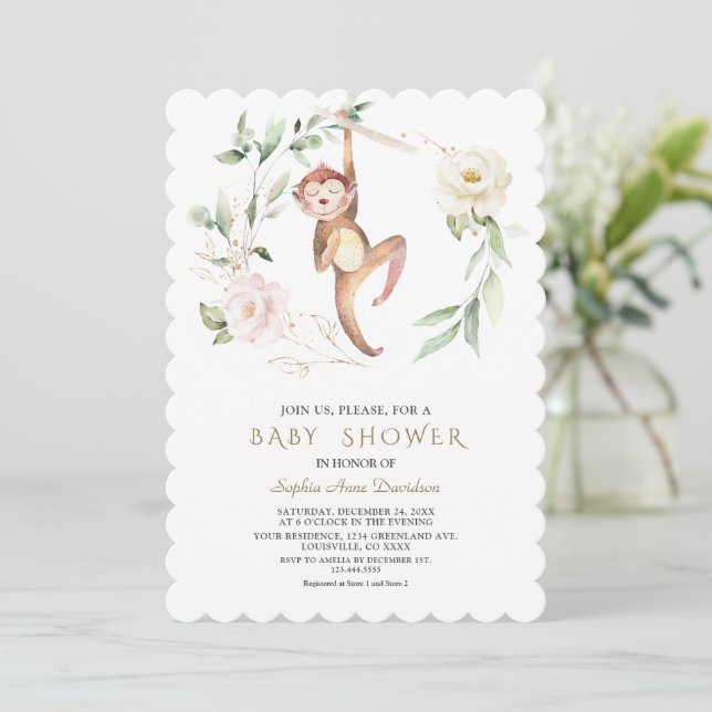 Invitación Cute Monkey Floral Greeneration Gold Baby Shower (Anverso de pie)