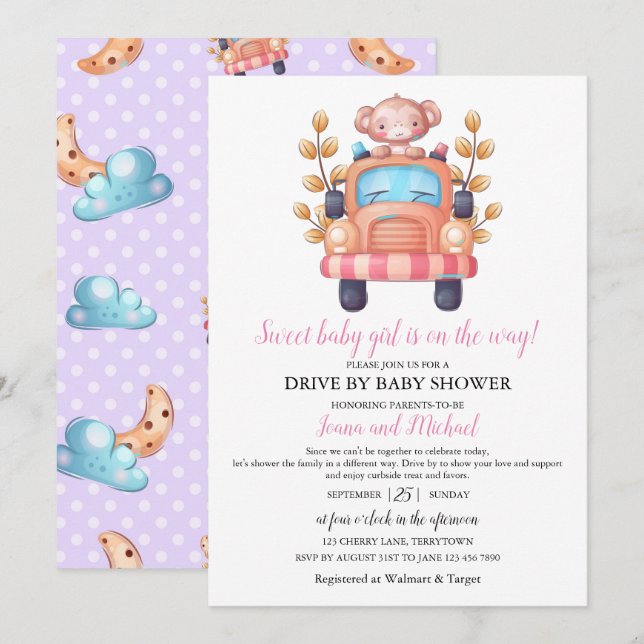 Invitación Cute Monkey Girl Baby Shower Drive Through    (Anverso / Reverso)