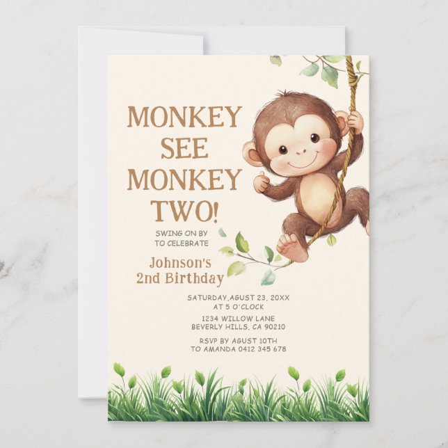 Invitación Cute Monkey See Monkey Two Safari 2nd Birthday (Anverso)