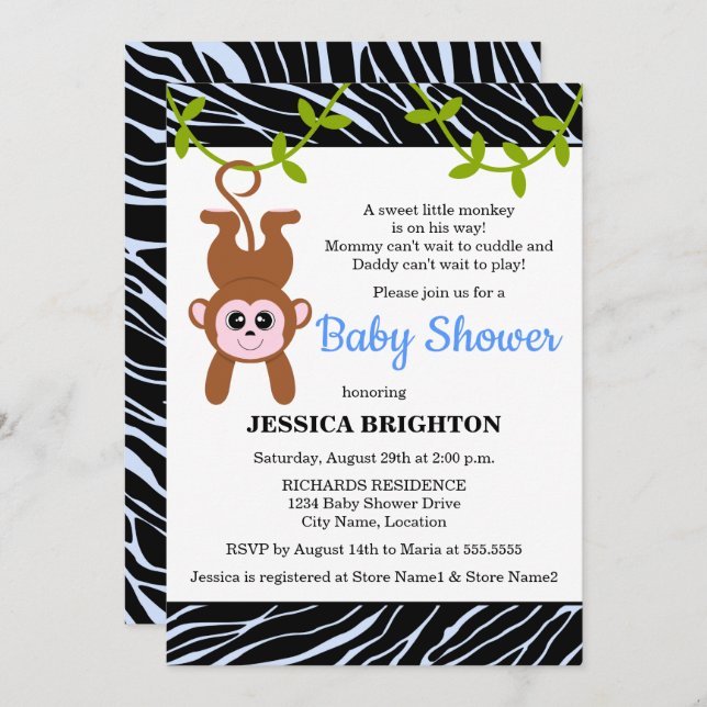 Invitación Cute Monkey Zebra Stripes Baby Shower (Anverso / Reverso)