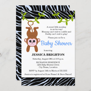 Invitación Cute Monkey Zebra Stripes Baby Shower