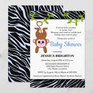 Invitación Cute Monkey Zebra Stripes Baby Shower