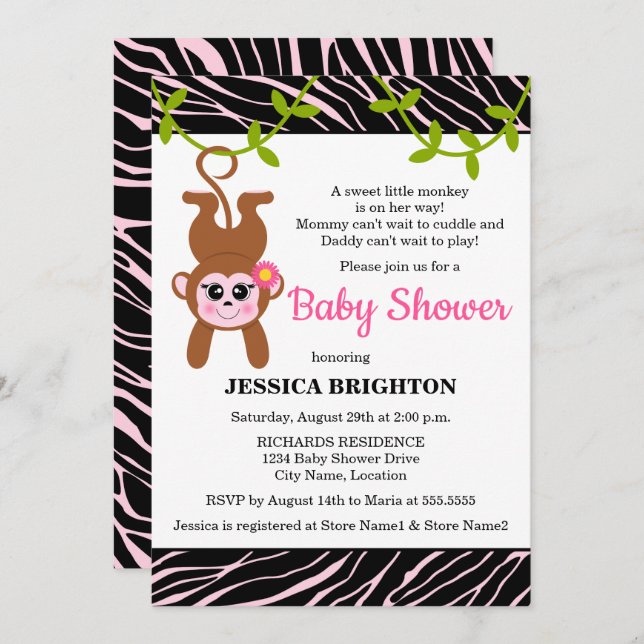 Invitación Cute Monkey Zebra Stripes Baby Shower (Anverso / Reverso)