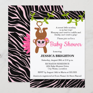 Invitación Cute Monkey Zebra Stripes Baby Shower