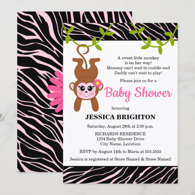 Invitación Cute Monkey Zebra Stripes Baby Shower (Anverso / Reverso)