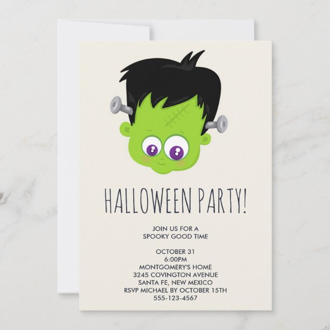 Invitación Cute Monstruo de Frankenstein verde cara de Hallow (Anverso)