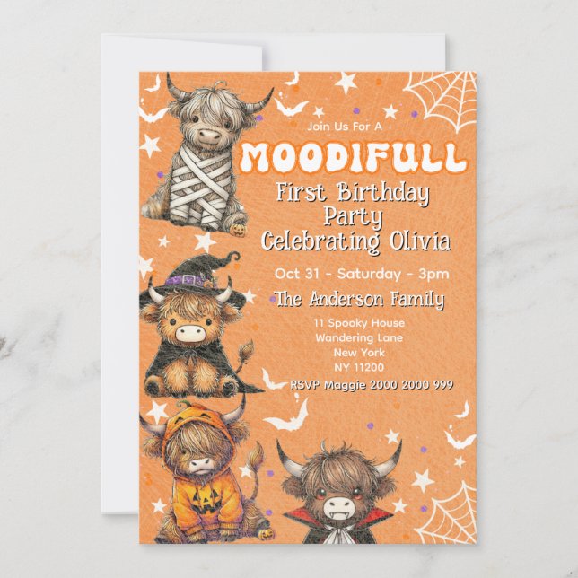 Invitación Cute Moodifull Highland Cow Halloween Cumpleaños (Anverso)