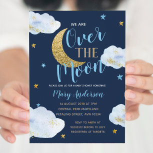 Invitación Cute Moon Navy Baby Shower azul y oro