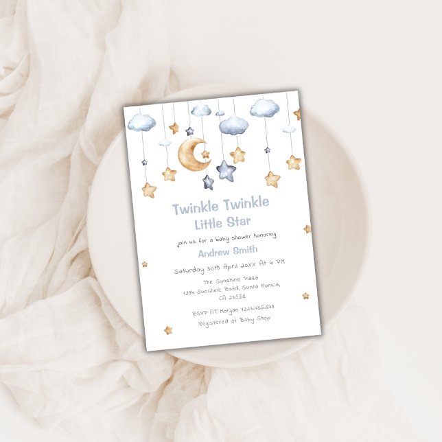 Invitación Cute Moon & Stars Twinkle Twinkle Baby Shower (Cute Moon & Stars Twinkle Twinkle Baby Shower Invitation)