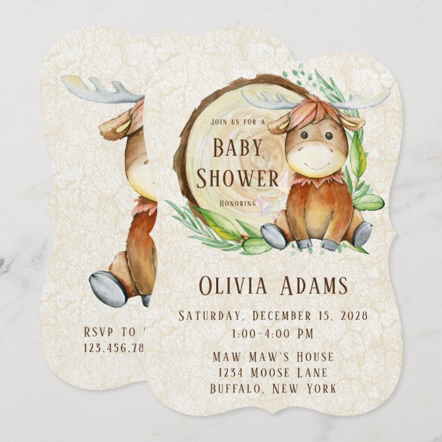 Invitación Cute Moose Watercolor Baby Shower (Anverso / Reverso)