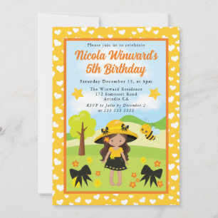 Invitación Cute Morena Pelo Abeja Vestido Niña Cumpleaños 