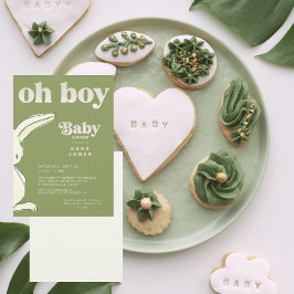 Invitación Cute Moss Green Oh Boy Rabbit Baby Shower