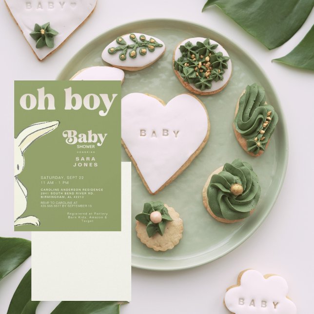 Invitación Cute Moss Green Oh Boy Rabbit Baby Shower (Subido por el creador)