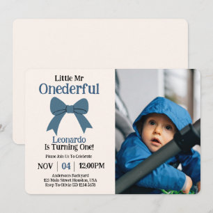 Invitación Cute Mr Onederful Lazo Azul Niño Cumpleaños 1 Foto