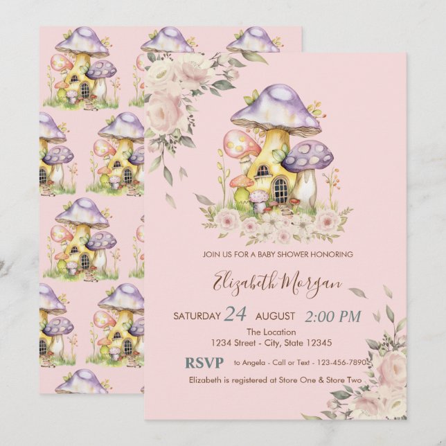 Invitación Cute Mushrooms Floral Baby Shower (Anverso / Reverso)