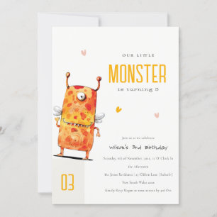 Invitación Cute Naranja Amarillo Monstruo Oído Niños Cumpleañ