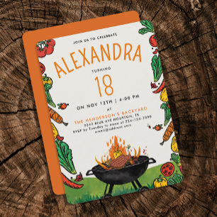 Invitación Cute Naranja BBQ Backyard Grill Kids al aire libre