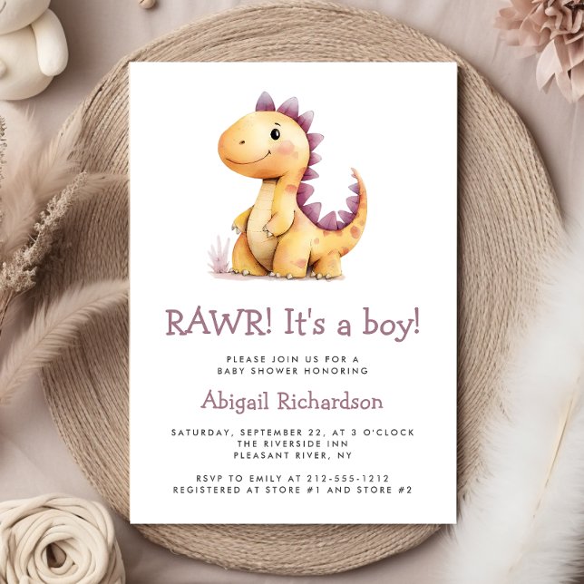 Invitación Cute Naranja Purple Dinosaur Boy Baby Shower (Subido por el creador)