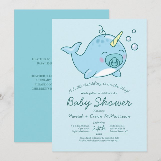 Invitación Cute Narwhal Baby Shower Kawaii Blue Boy (Anverso / Reverso)