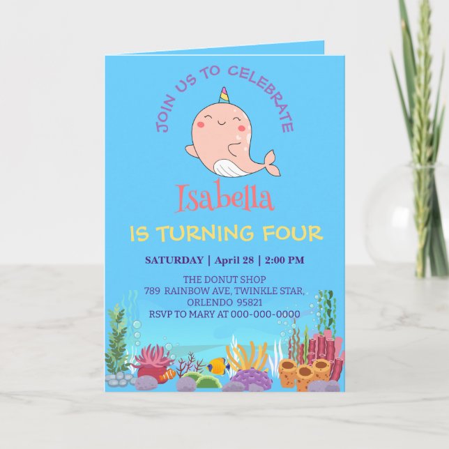 Invitación Cute Narwhal Fish Unicorn Arcoiris cumpleaños (Anverso)