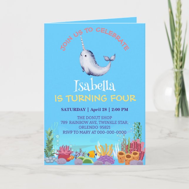Invitación Cute Narwhal Fish Unicorn Mar de ballena Cumpleaño (Anverso)