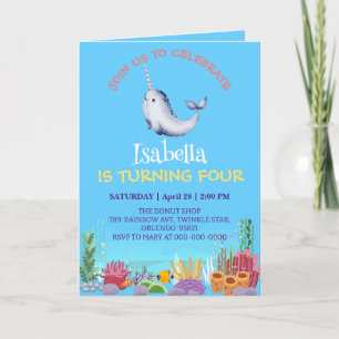 Invitación Cute Narwhal Fish Unicorn Mar de ballena Cumpleaño