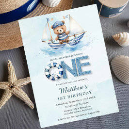 Invitación Cute Nautical Blue Boat Teddy Bear 1er cumpleaños